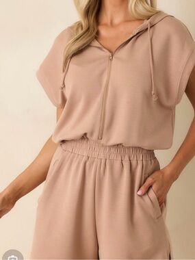Double Zero Relaxed Hooded Short Sleeve Jumpsuit in Beige **WORN 1 TIME**